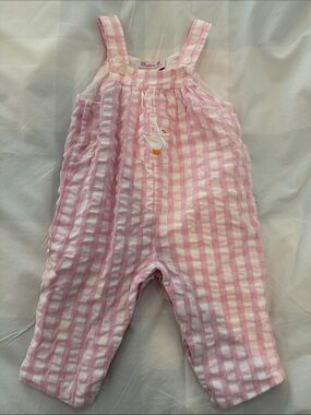 Trotters Pink Gingham Baby Overalls with Duck Embroidery